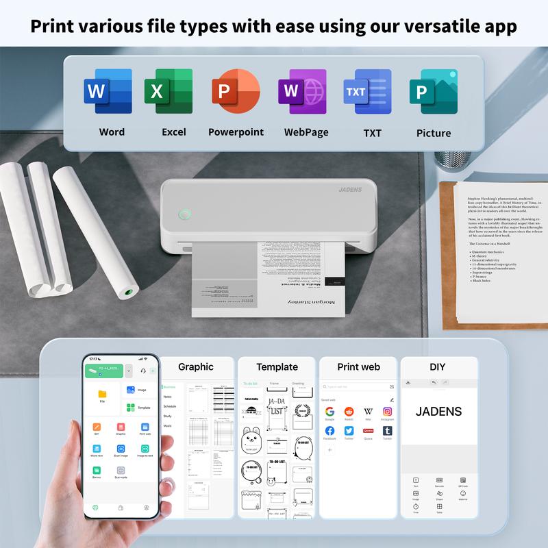 Inkless travel printer with Bluetooth connectivity for mobile printing.