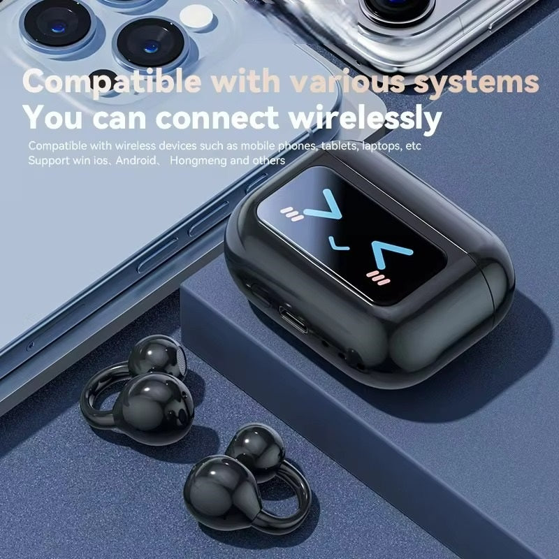 LED Bluetooth earbuds with stylish ear clip design for a secure and comfortable fit.