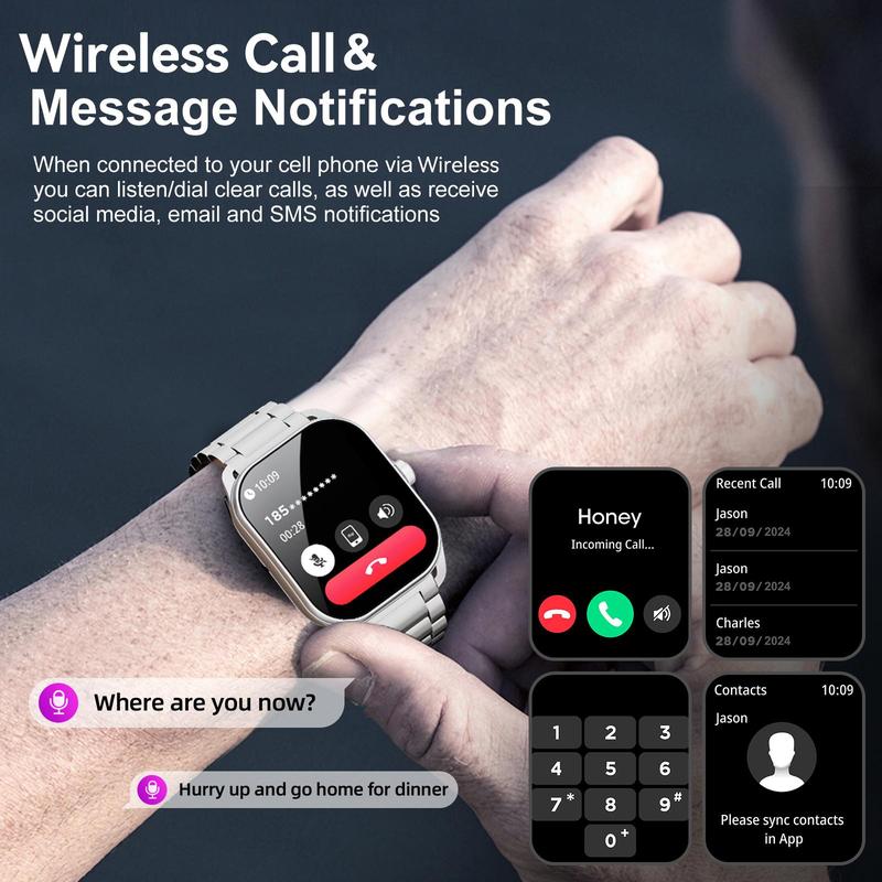 Touchscreen smartwatch compatible with Android and iOS devices.