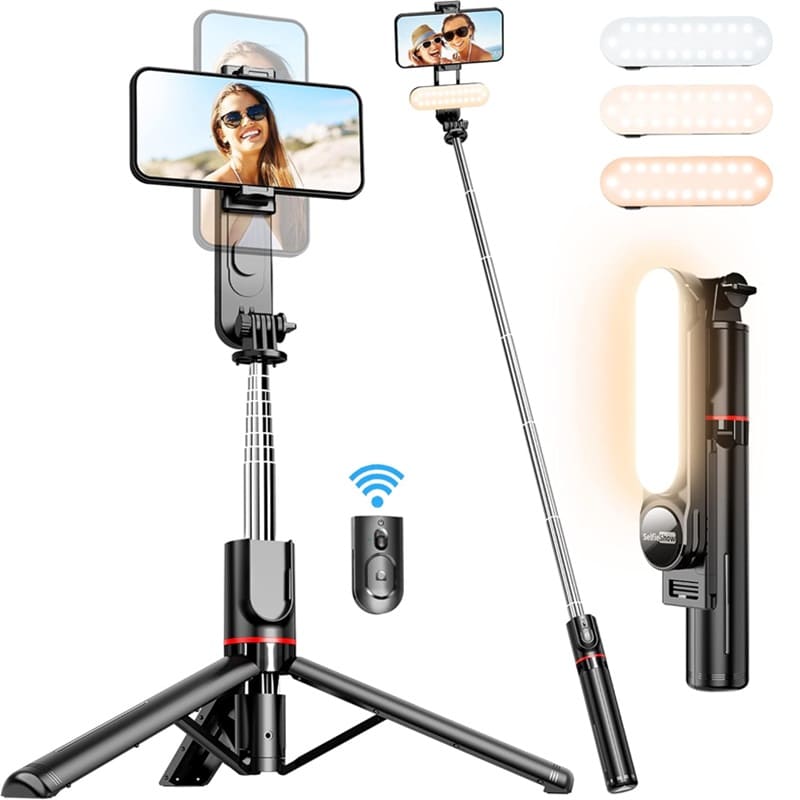 Stable selfie stick tripod with fill light for iPhone and Android